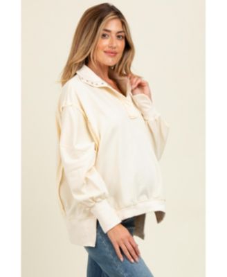 Maternity Cream Snap Button Pullover Henley Maternity Sweatshirt