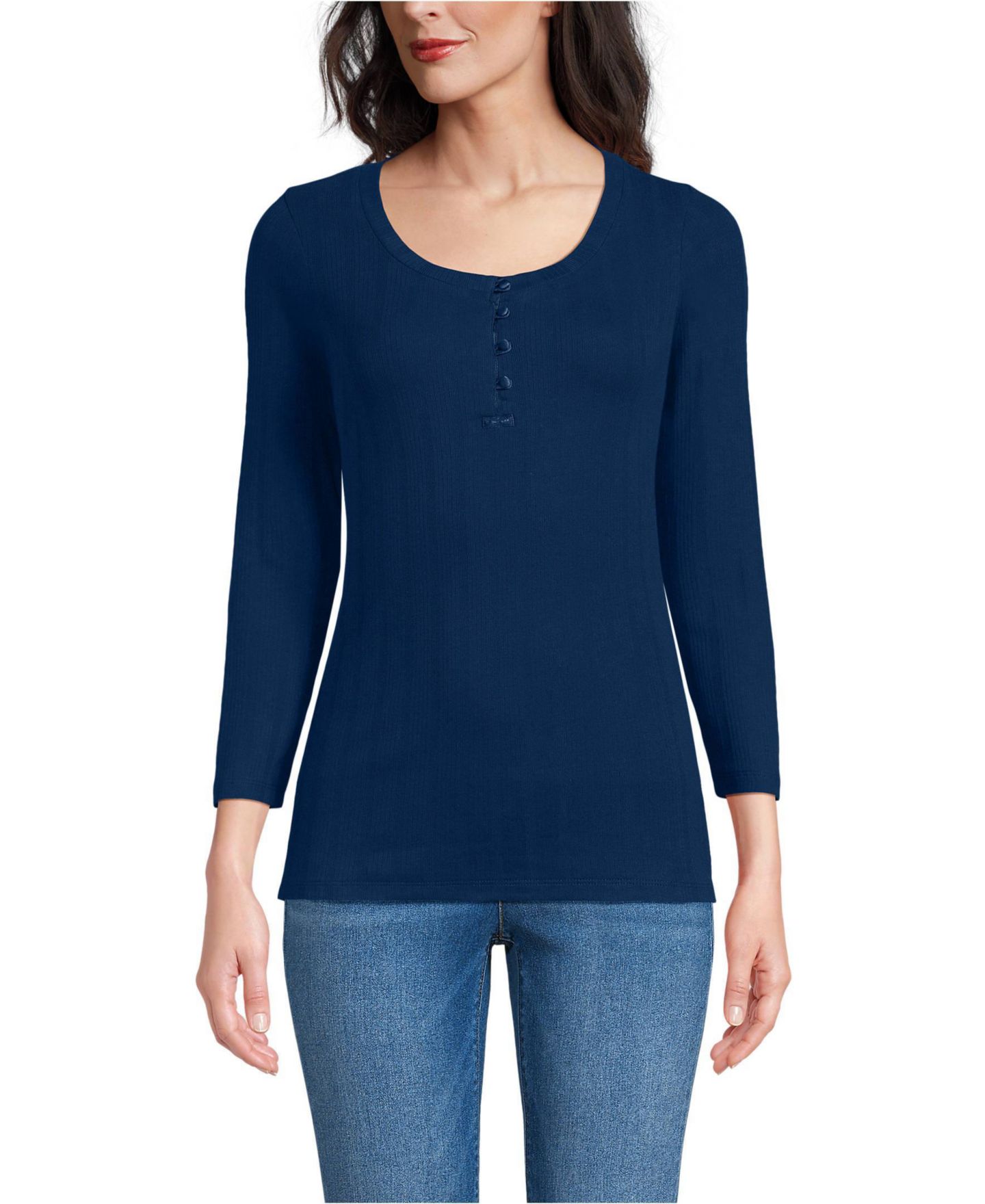 Женский топ Lands' End 3/4 Sleeve Variegated Micro Rib Henley, цвет: Морской тёмно-синий — фото 1