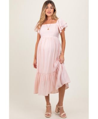 Light Pink Flutter Sleeve Maternity Midi Dress