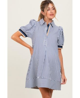 Maternity Navy Blue Striped Puff Sleeve Mini Shirt Dress