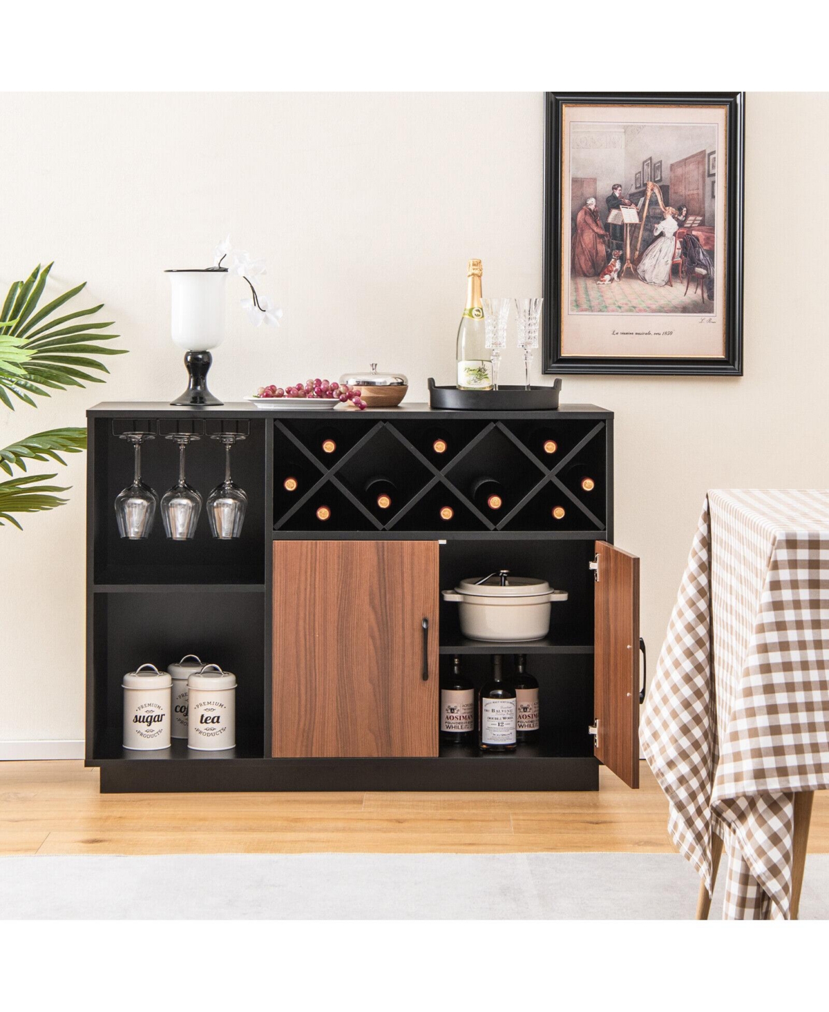 Volenca Industrial Sideboard Cabinet with Removable Wine Rack and Glass Holder