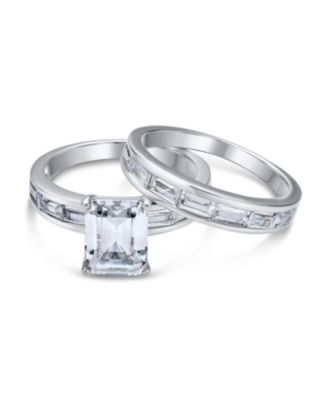 Art Deco Style 2CT CZ Emerald Cut & Channel Baguette Band Promise  Ring Set in Sterling Silver