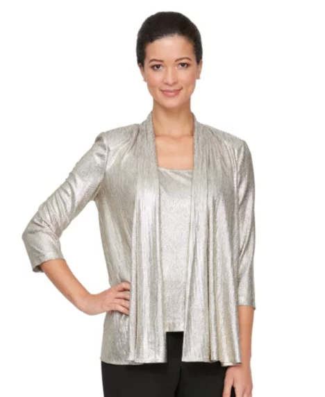 Women's Petite Foil Knit Twinset - Silver