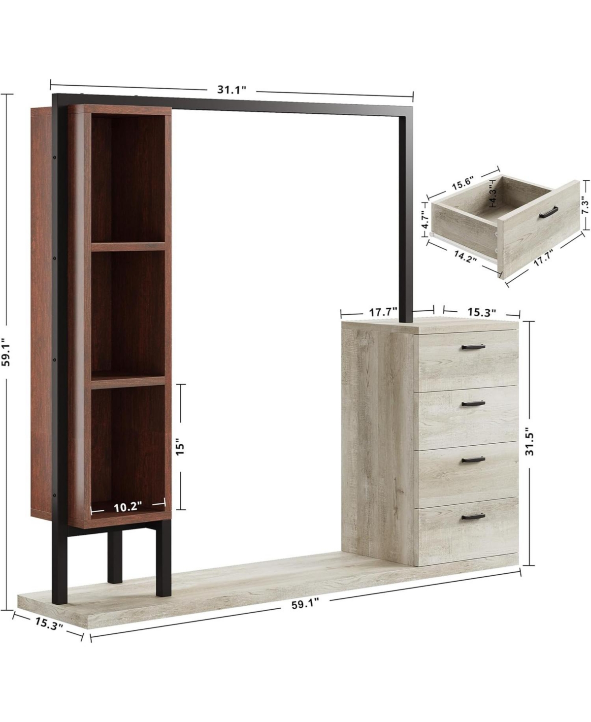 Clothes Rack with 4 Wooden Drawers and Hanging Rack, White and Red