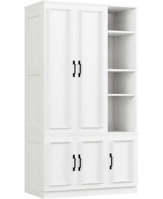 Wooden Wardrobe with 4 Storage Shelves and Hanging Rod