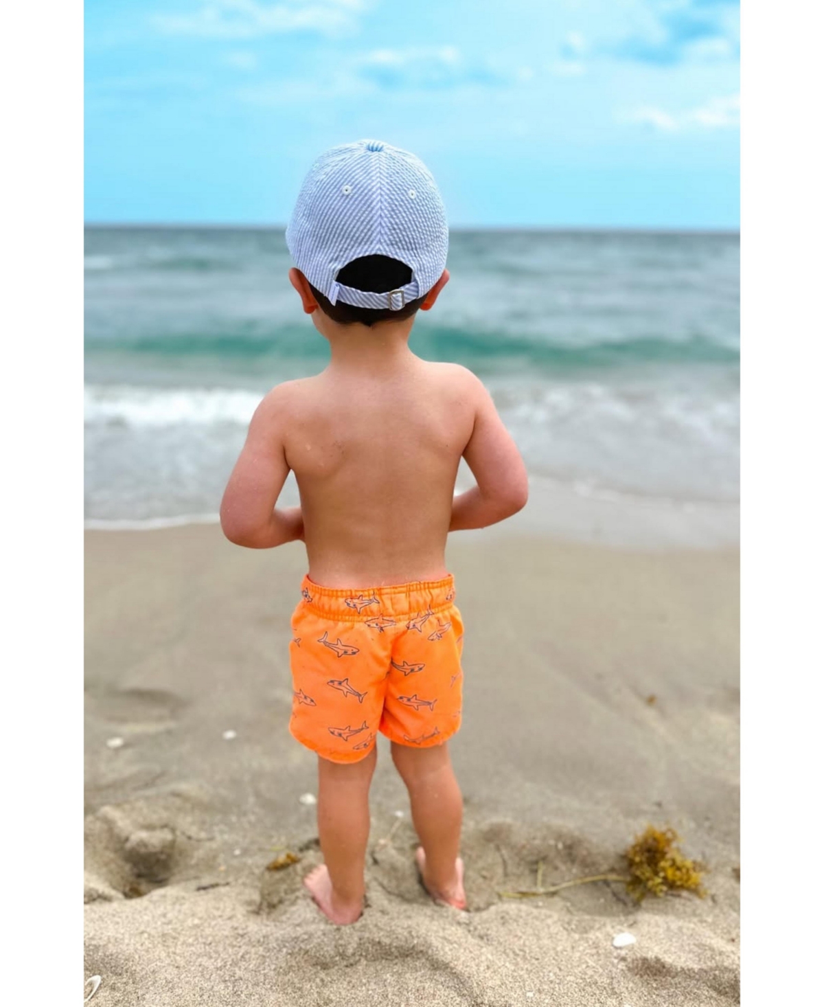 Bits & Bows Boys' Lil Bro Seersucker Baseball Hat in Blue