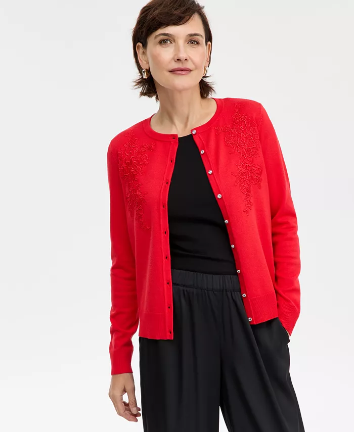 Petite Button-Front Appliqu&eacute; Cardigan