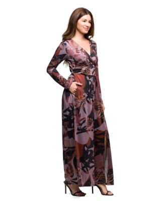 Women's Gray Floral Print Long Sleeve Wrap Maxi Dress