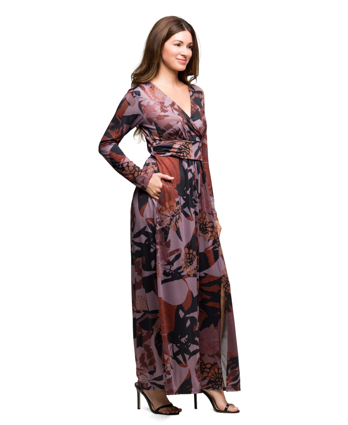 24seven Comfort Apparel Floral Print Long Sleeve Wrap Maxi Dress In Brown