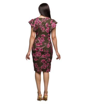 Women's Brown and Pink Floral Flutter Sleeve Wrap Dress
