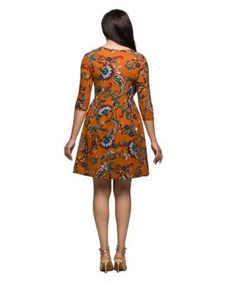 Women's Rust Paisley Print Fit Flare Knee Length Dress
