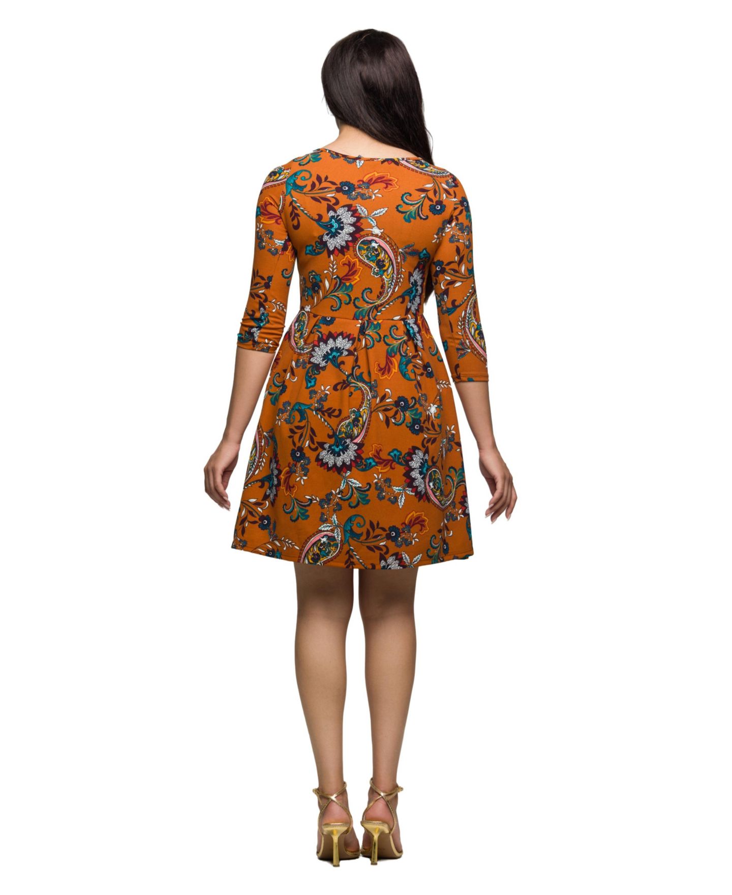 Женское платье 24seven Comfort Apparel Rust Paisley Print Fit Flare Knee Length, цвет: Оранжевый разноцветный — фото 3