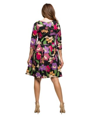 Women's Black Multicolor Floral Fit and Flare Pocket Knee Length Dress