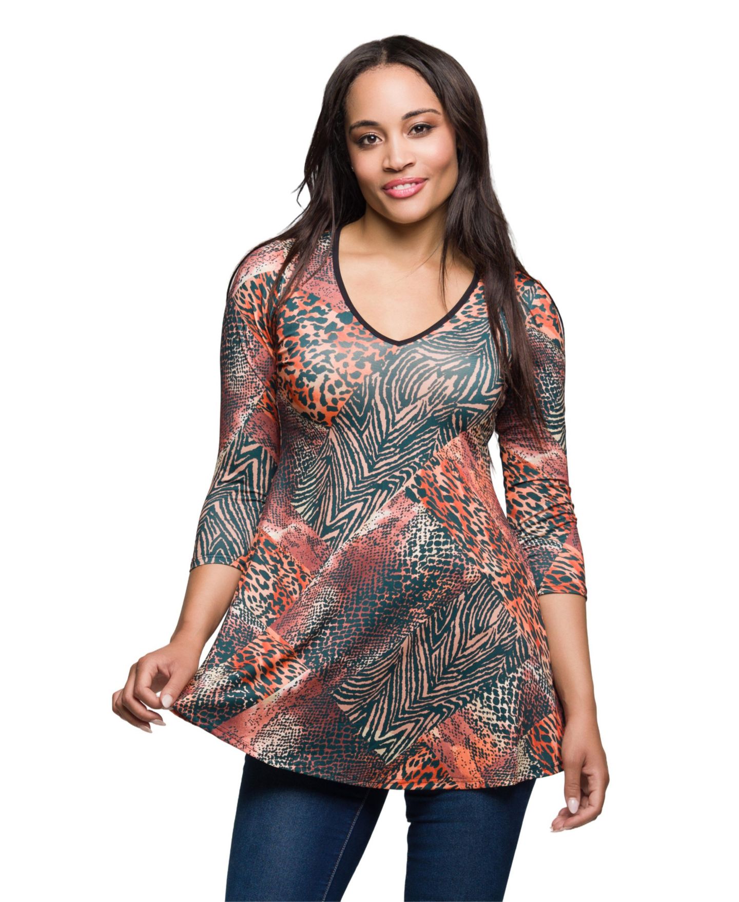 Женский топ 24seven Comfort Apparel Animal Print V Neck Three Quarter Sleeve Tunic Top, цвет: Коричневый разноцветный — фото 1