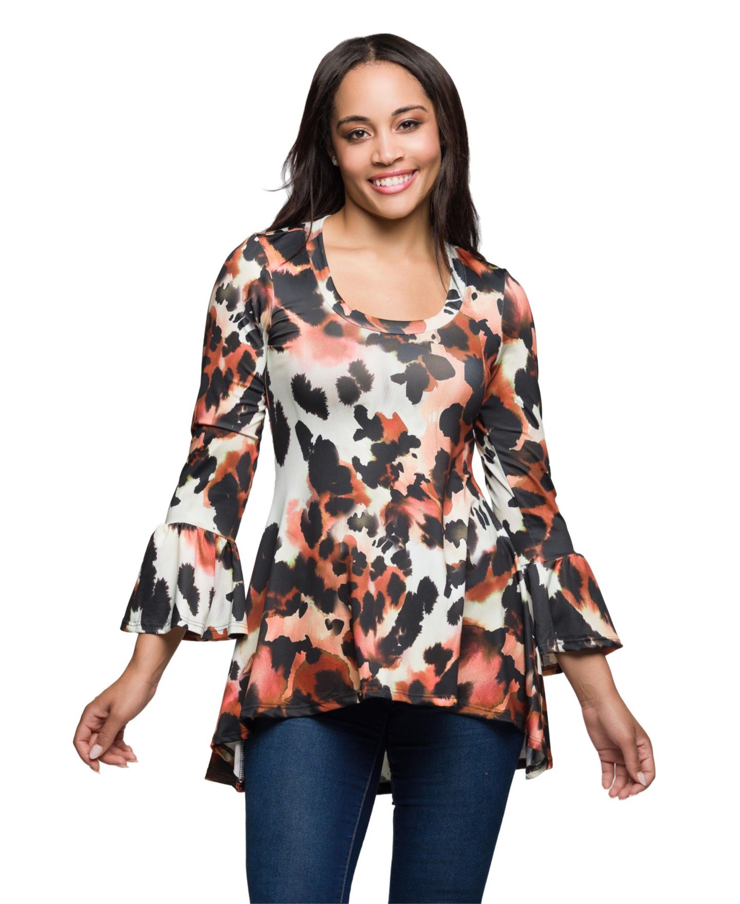 Женский топ 24seven Comfort Apparel Scoop Neck Bell Sleeve Tunic Top, цвет: Коричневый разноцветный — фото 1