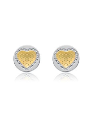 Two-Tone Heart Milgrain Medallion Round Stud Earrings in White Gold Plated or 14K Gold Plated