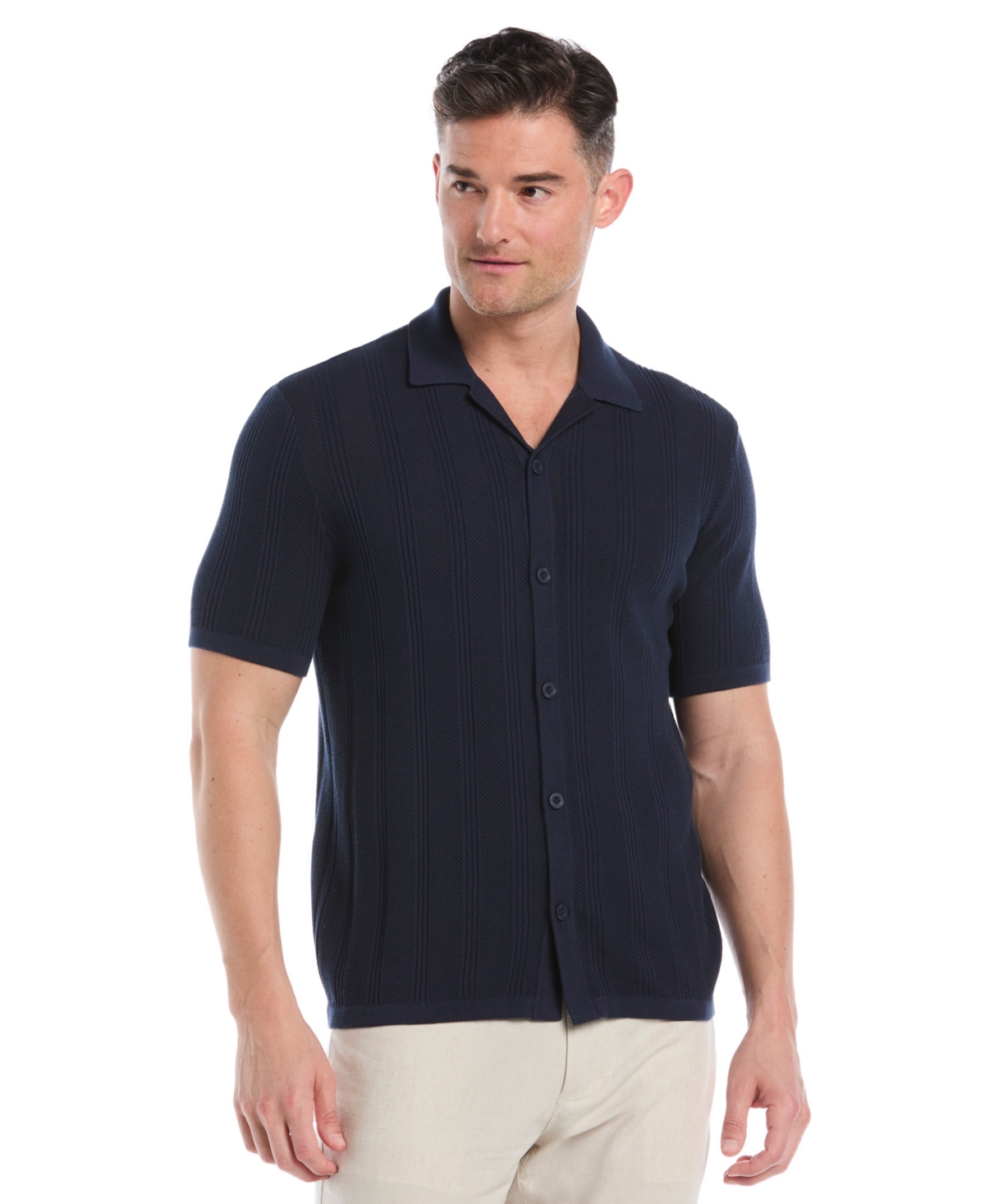 Cubavera Men's Short Sleeve Camp Collar Sweater Button-front Shirt In Blue