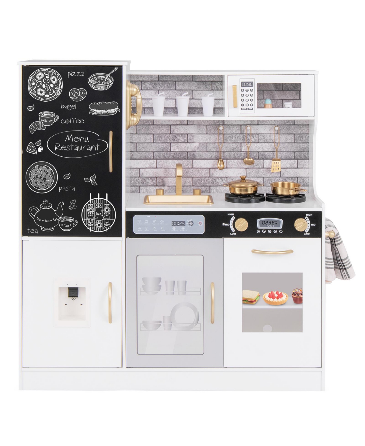 Akiudex Wooden Kids Play Kitchen Set with Chalkboard, Lights, Sounds, and Storage