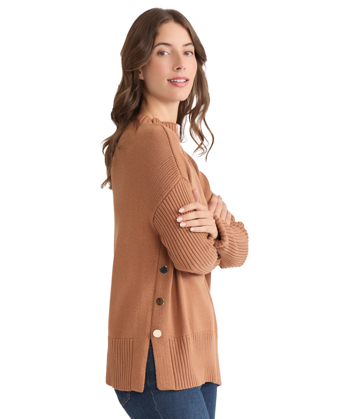 Jones New York Button Detail Rib Funnel Neck Sweater In Brown