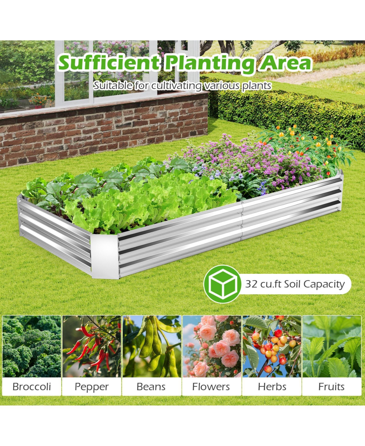 Gymax x x 1FT Galvanized Raised Garden Bed Heavy-Duty Elevated Rectangle Plant Box