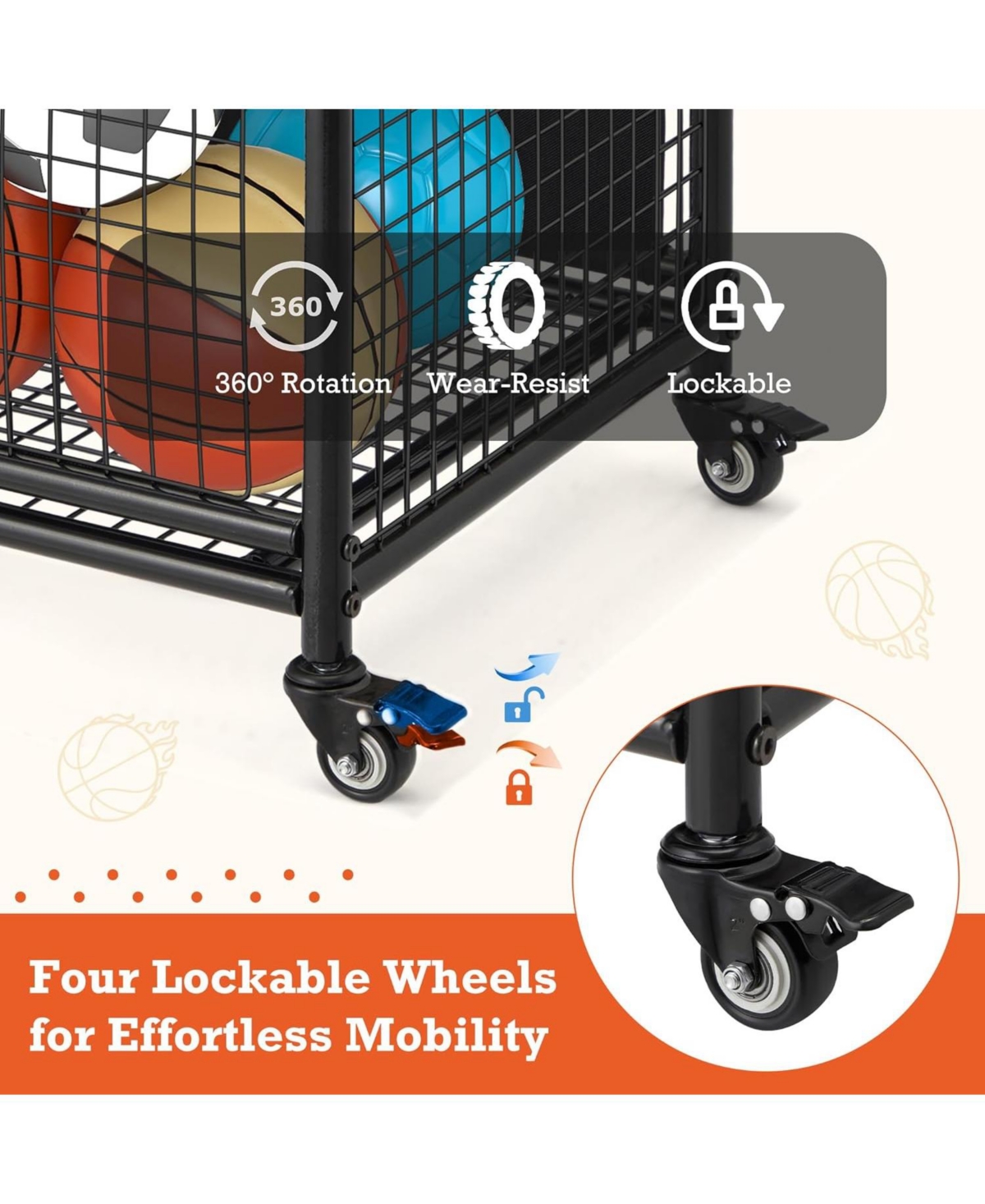 Aecojoy Ball Cart Storage, Rolling Basketball Bin with Wheels for Garage, School, Gym, Sports Equipment and Toy Organizer,Medium