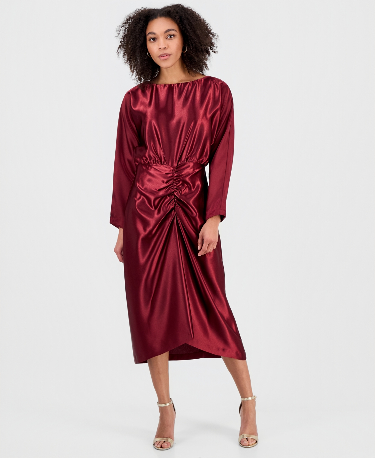 julia jordan Women's Ruched Dolman-Sleeve Boat-Neck Midi Dress