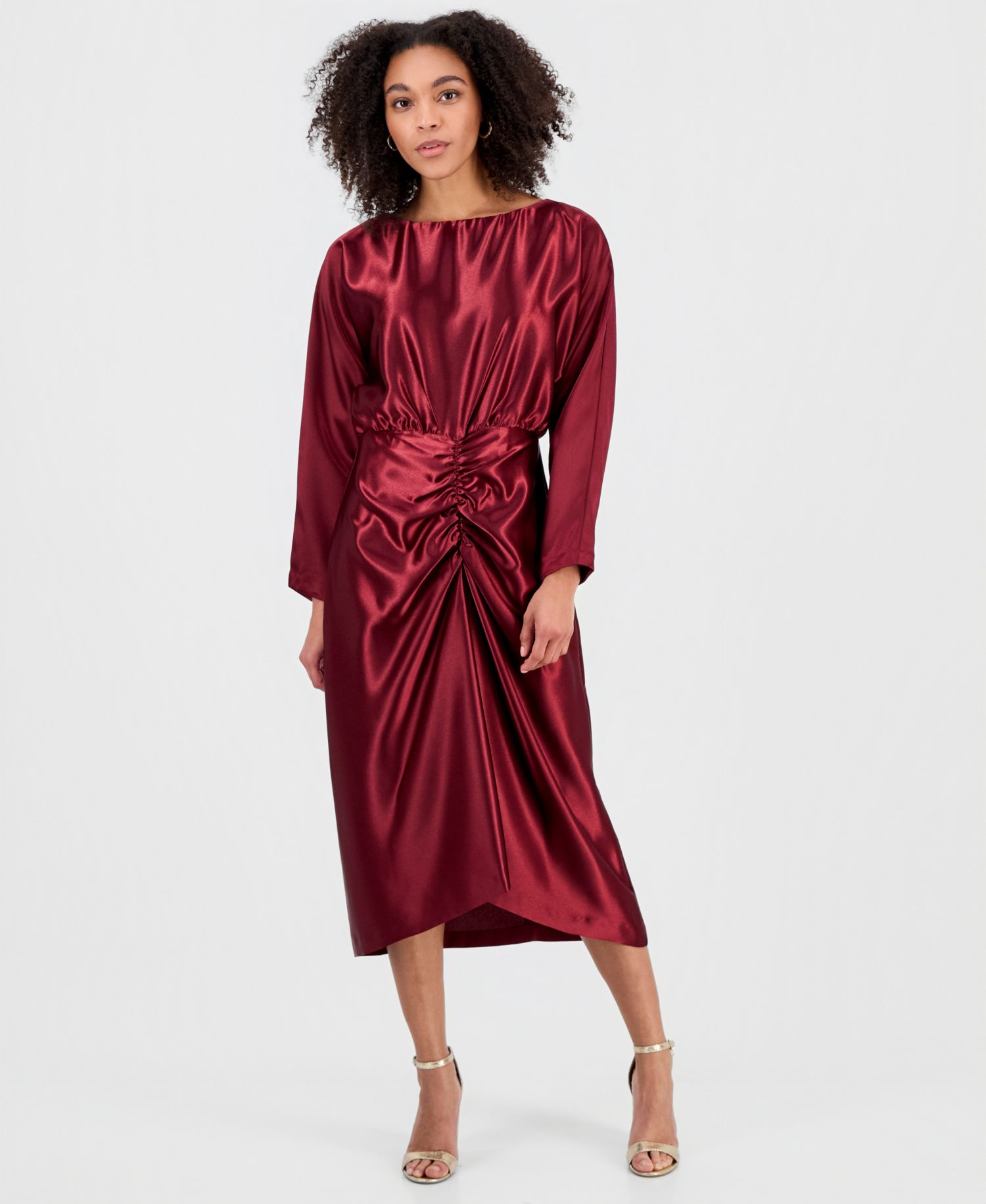 Women's Ruched Dolman-Sleeve Boat-Neck Midi Dress