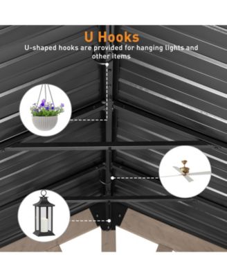 10 x 12 ft Wooden Frame Gazebo with Galvanized Metal Hardtop Roof, Outdoor Patio Gazebo with Charging Socket for Patio