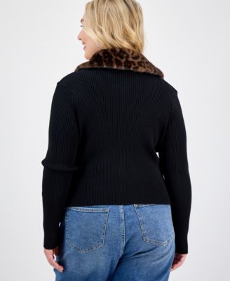 Trendy Plus Size Fur Collared Zip Cardigan