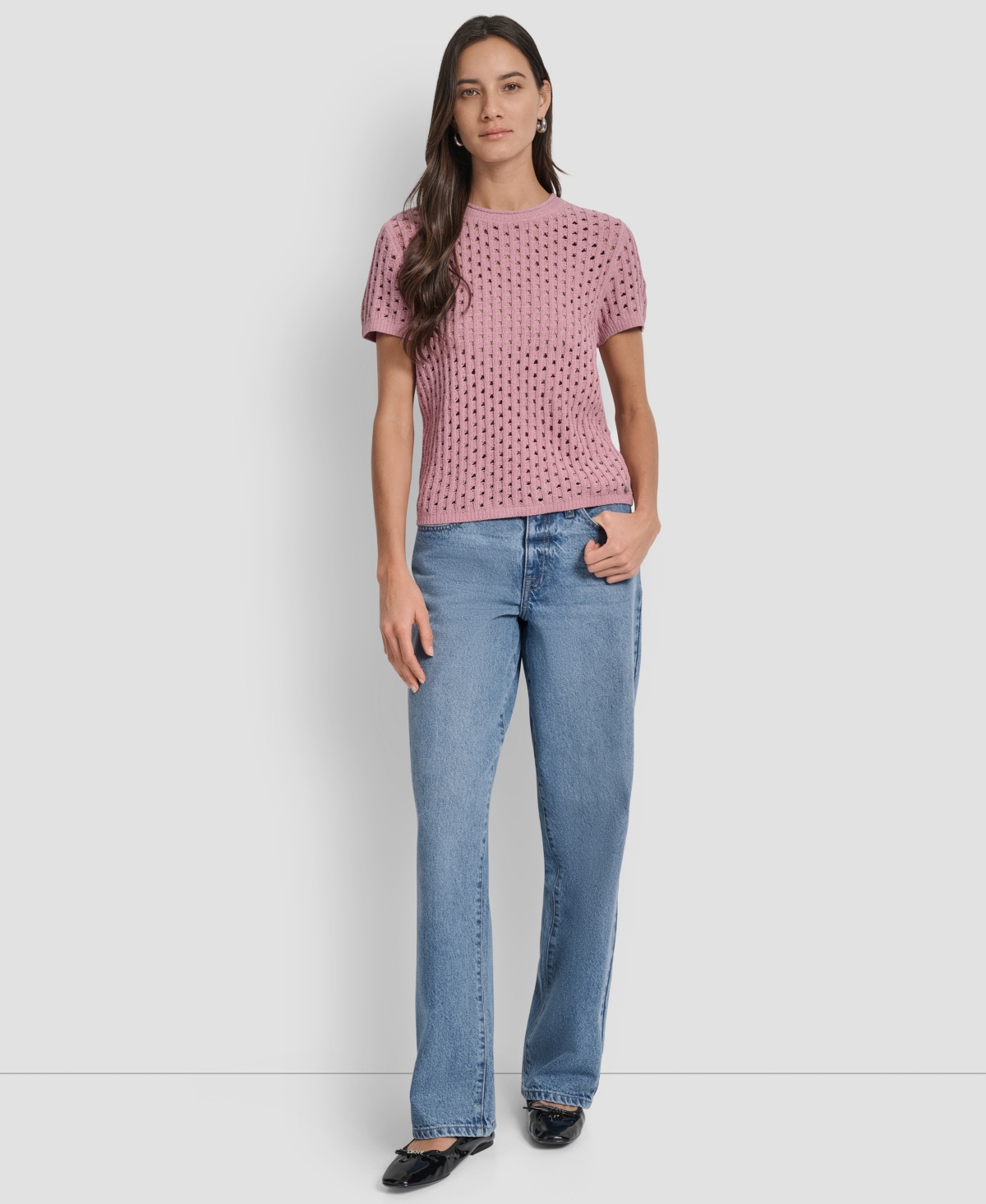 Dkny Jeans Petite Open-stitch Crewneck Sweater In Pink
