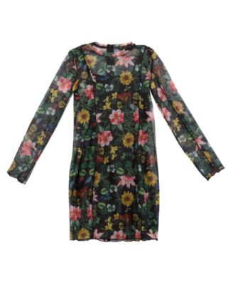 Big Girls Printed Mesh Long Sleeve Dress with Inner Tank Dress