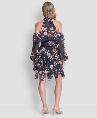 Women's Cold Shoulder Mock Neck Ruffle Dress