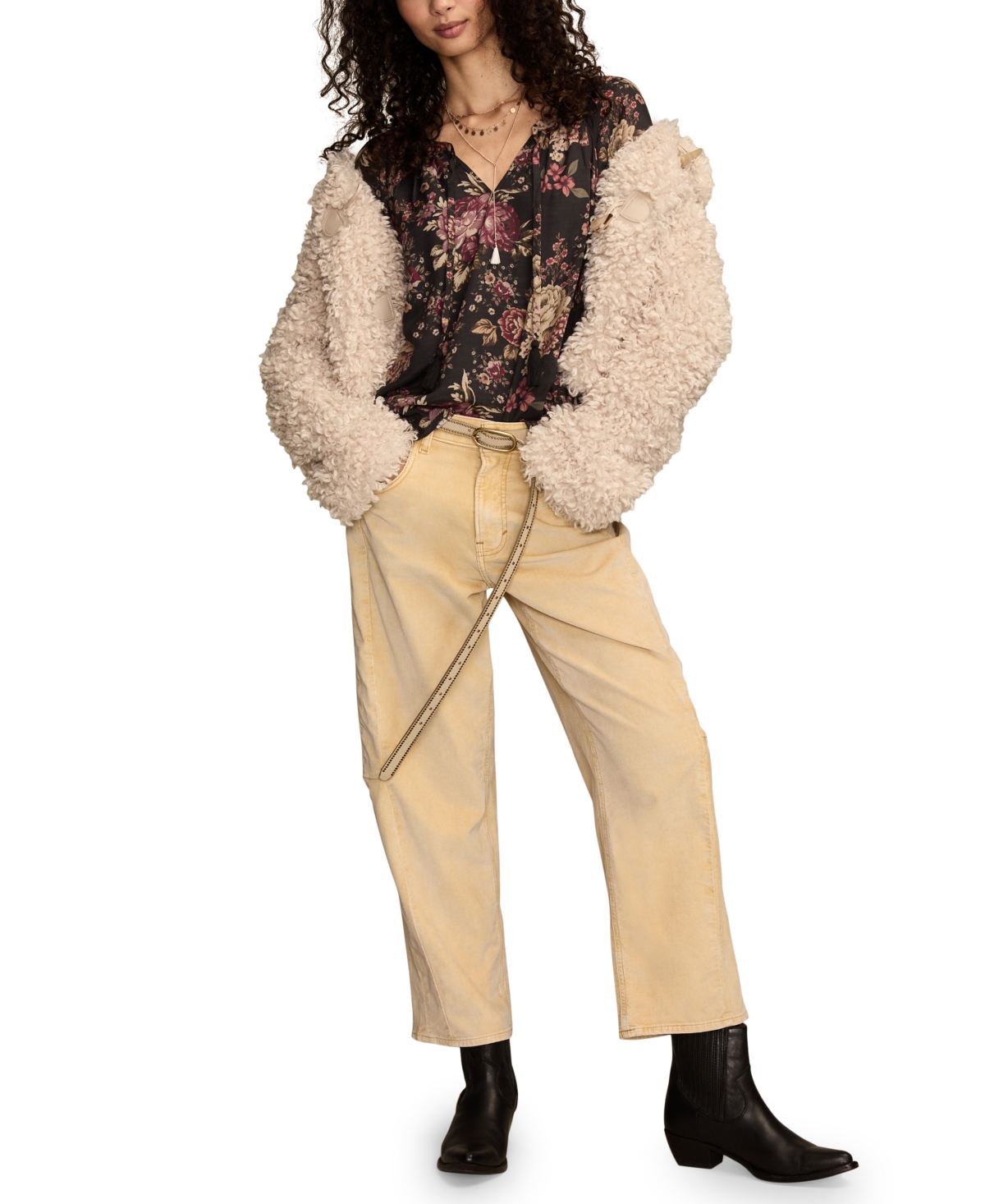 Lucky Brand Floral Print Tie Neck Top In Multi