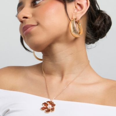 Gold-Tone Floral Pendant Necklace with Pearl Detail