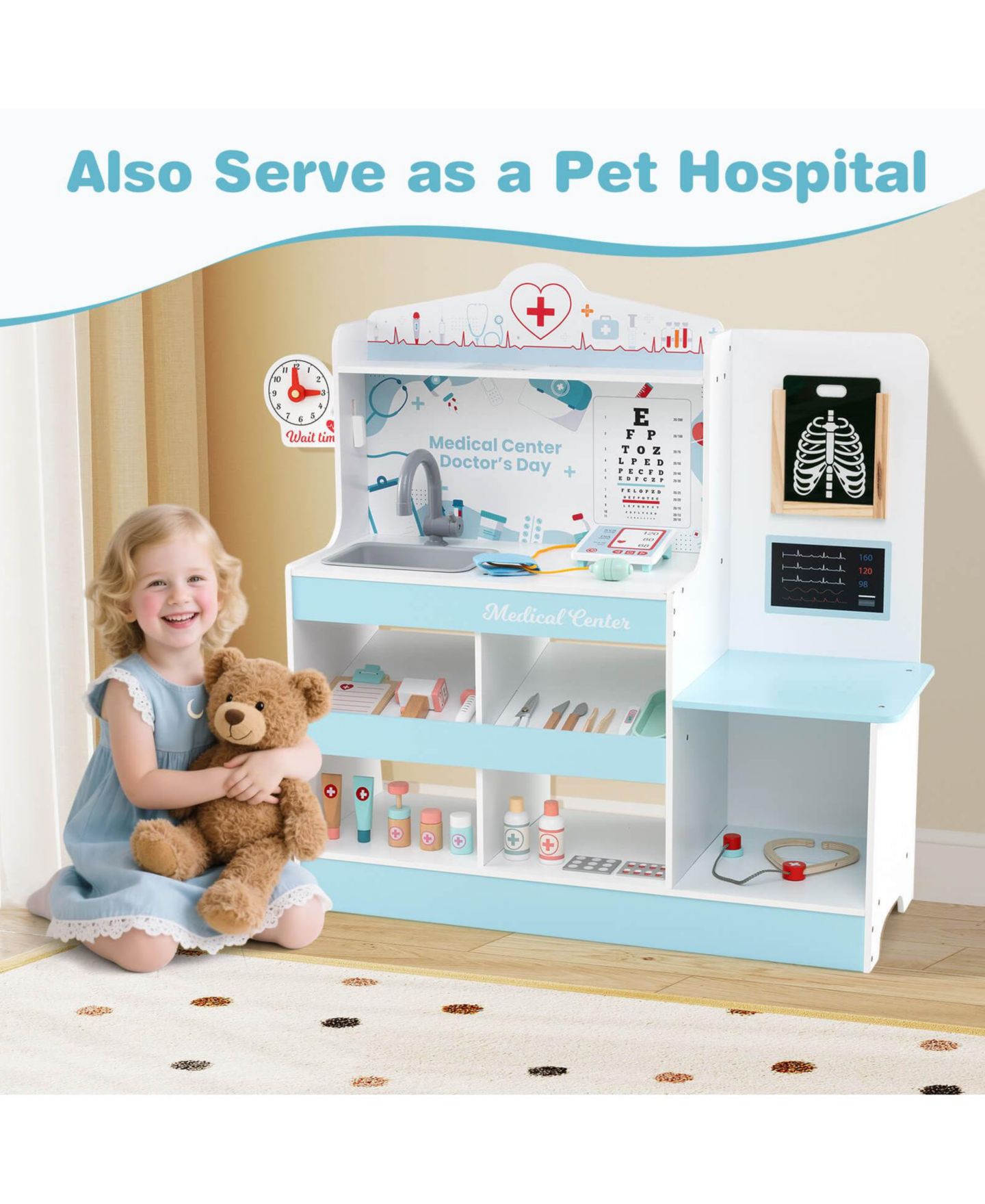 Детские игрушки Costway Wooden Doctor 24-Piece Play Set, Ages 3+, цвет: Синий — фото 5