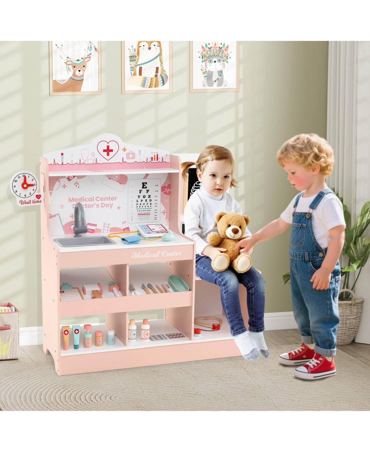 Wooden Doctor Play Set with Clock Sink Eye Chart Ecg Monitor Exam Area Storage