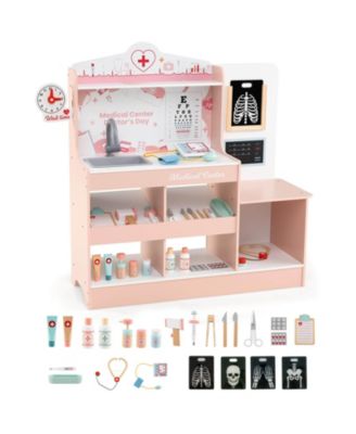 Wooden Doctor Play Set with Clock Sink Eye Chart ECG Monitor Exam Area Storage