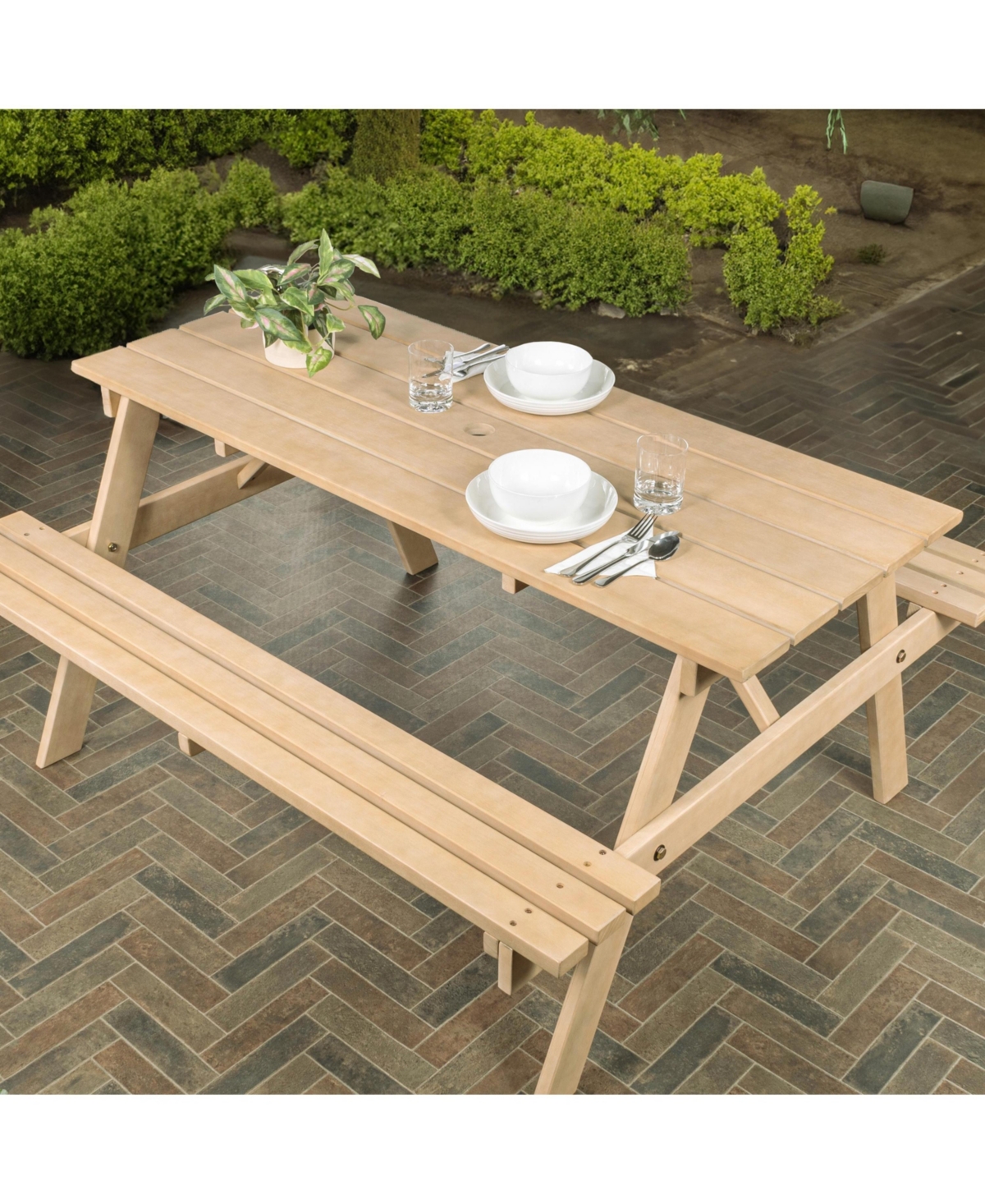 Jonathan Y Shoreham Modern Classic Outdoor Wood Picnic Table Benches with Umbrella Hole