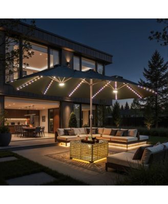 15ft Solar Umbrella Smart LED Lighted Patio Umbrella,12 Heavy Duty Ribs Large Outdoor Double Sided Rectangle Umbrella with Light Modes and Base