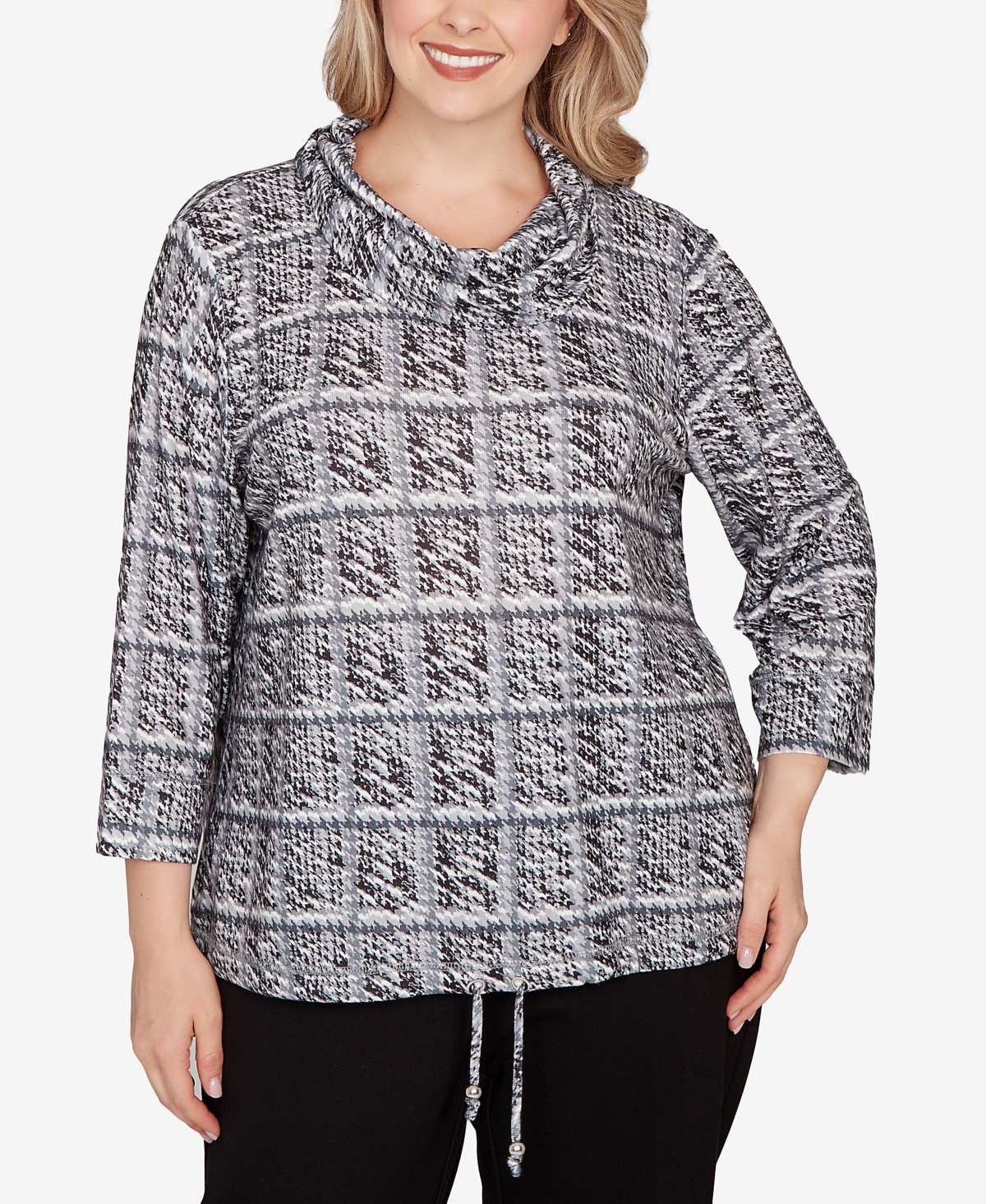 Hearts Of Palm Plus Size Printed 3/4 Sleeve Cowl Neck Blouson Top In Gray