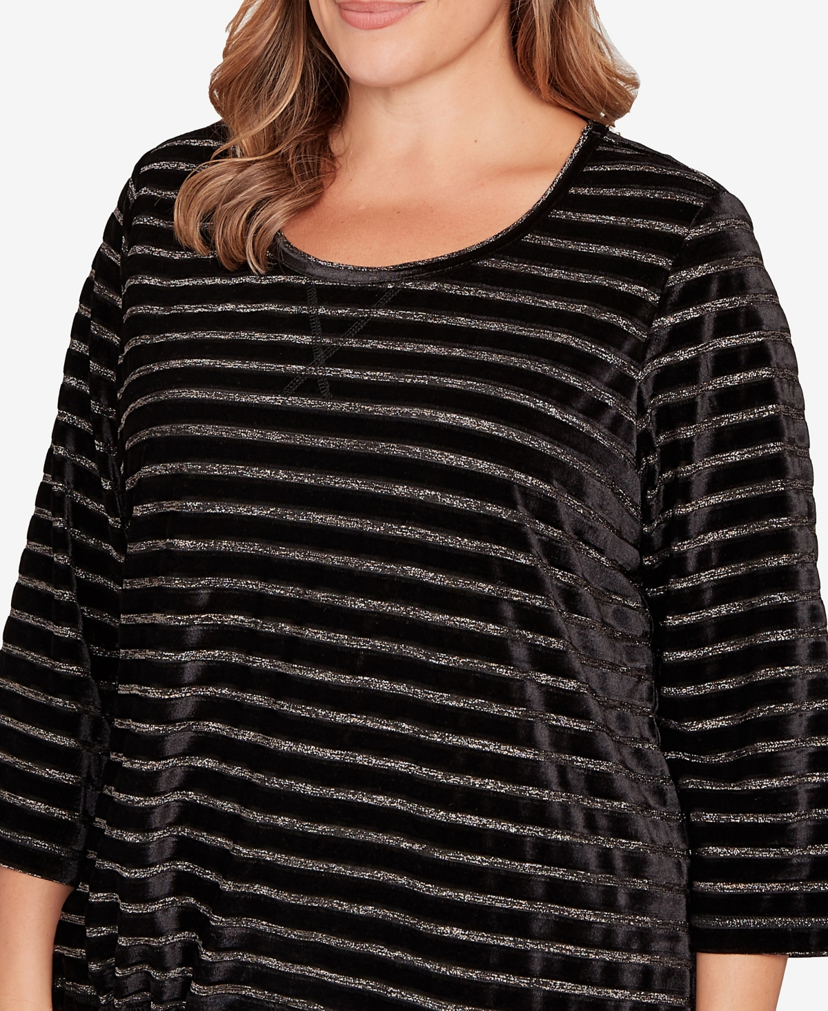 Hearts Of Palm Plus Size Long Sleeve Metallic Stripe Blouson Top In Black
