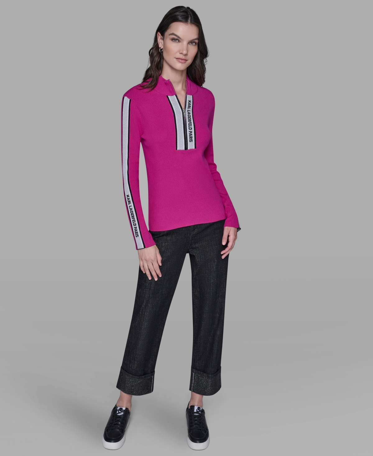 Karl Lagerfeld Women's Logo Tape Zip-up Sweater In Pink