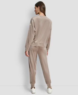 Women's Super Soft Velour Rhinestone Stacked Logo Crewneck Pullover Top