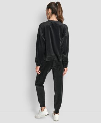 Women's Super Soft Velour Rhinestone Stacked Logo Crewneck Pullover Top