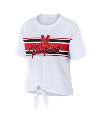 Women's White Maryland Terrapins Striped Front Knot Cropped T-Shirt