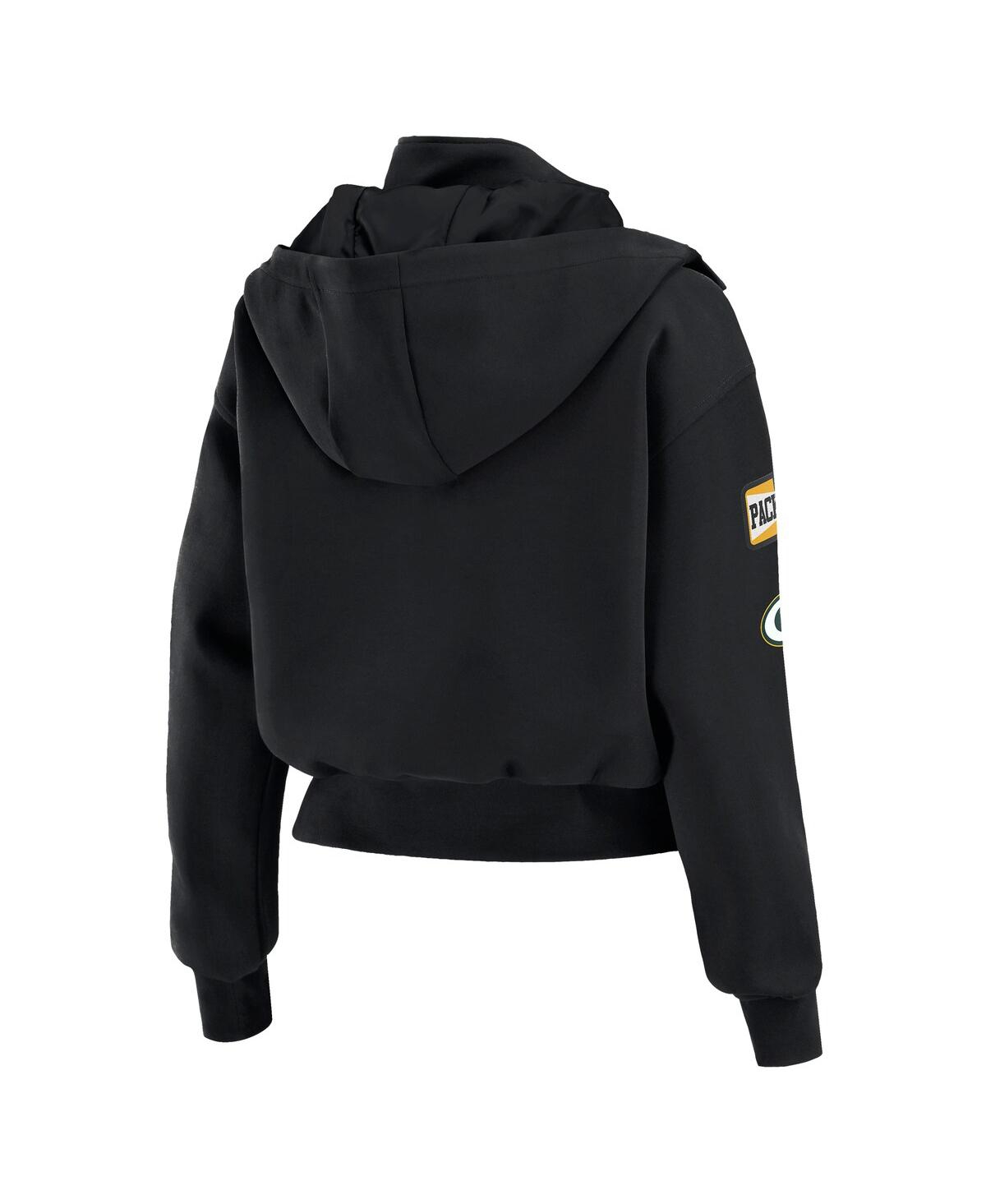 Wear By Erin Andrews Women's Black Green Bay Packers Patch Pocket Cropped Full-zip Bomber Jacket In Black