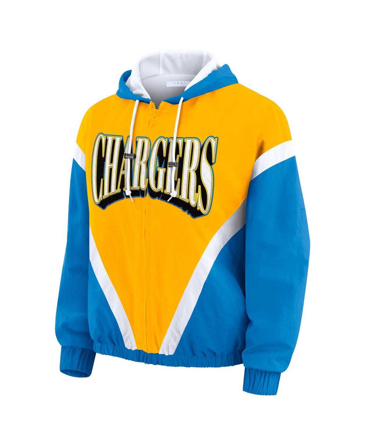 Wear By Erin Andrews Women's Gold/powder Blue Los Angeles Chargers Retro Crinkle Full-zip Hoodie Windbreaker Jacket In Multi