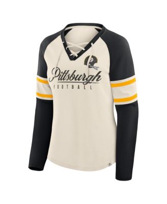 Women's Cream/Black Pittsburgh Steelers Hometown Gridiron Hero Raglan Lace-Up V-Neck Long Sleeve T-Shirt