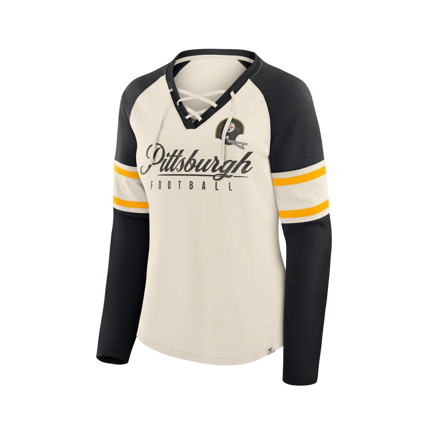 Женская футболка Fanatics Cream/Black Pittsburgh Steelers Hometown Gridiron Hero Raglan Lace-Up V-Neck Long Sleeve — фото 2