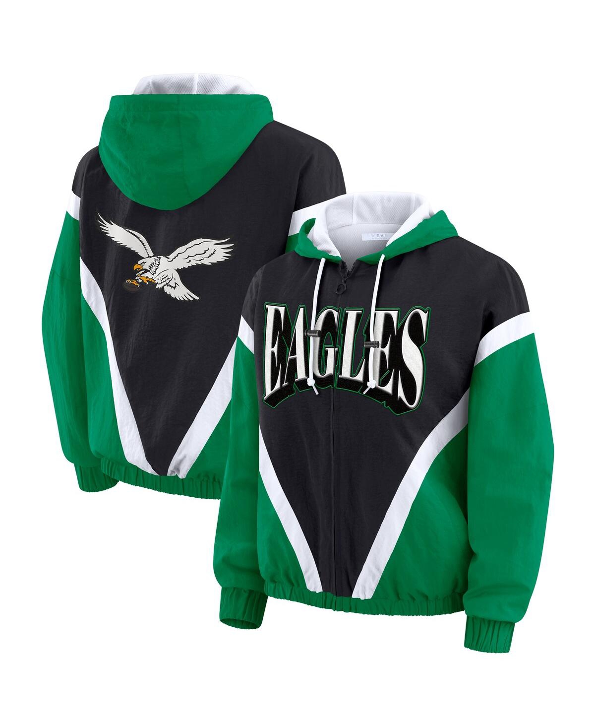 Wear By Erin Andrews Women's Kelly Green/black Philadelphia Eagles Plus Size Retro Crinkle Full-zip Windbreaker Jacket In Multi